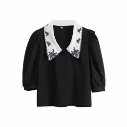 new spring fashion women sweet embroidery peter pan collar casual blouse office lady puff sleeve shirts chic chemise tops LJ200831