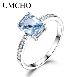 UMCHO genuíno 925 anéis de prata esterlina para mulheres azuis do céu topázio geme pedra solitária anel de casamento jóias de noivado romântico Novo Y200321