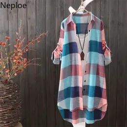 Neploe韓国の夏の日焼け止めのブラウスコートファッションの格子縞の縞模様の長袖のシャツ新しい中長い緩いブラザーズトップLJ200810