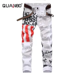 Artı Boyutu 38 40 42 erkek Beyaz Kot Quanbo Marka Erkekler Moda Rahat Baskılı Kot Streç Skinny Denim Jogger Pantolon 201118