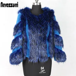 Nerazzurri Winter-Fuchs- und Rex-Kaninchen-Farbblock-Patchwork-Fake-Jacke, blau, kurz, warm, große Größe, Kunstpelzmantel für Damen 201211