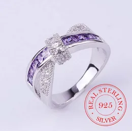 Klaster Pierścionki 100% 925 Sterling Silver Jewelry Vintage Purple Crystal Para Ślub dla kobiet Mężczyźni Moda Anel De Prata Bijoux