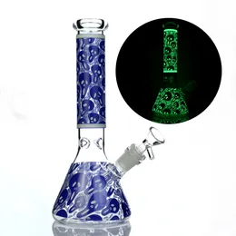 Glow in the dark 10 inch beaker bong hand painting skull glass water pipe 5MM thick dab rigs oil rigs cool recycler