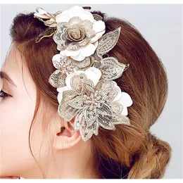 SLBRIDAL Handmade Lace Flower Gold Leaf Wedding HairBand Tiara Headband Bridal Headpiece Hair accessories Women Hair Jewelry Y200409
