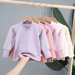 Bomull Tjej T-shirt Sheer Lace Långärmad Baby Kids Turtleneck Bottenskjorta för barn Kläder Nya Spring Bow Girl Tops