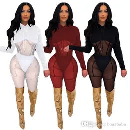 Women Hoodie Two Piece Pants Set 2022 Spring Sanding Sexy Long Sleeve Joggers Mesh Stitching Suits
