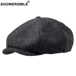 SHOWERSMILE Brand Wool Newsboy Caps Men Grey Herringbone Flat Caps Women Coffee British Gatsby Cap Autumn Winter Woolen Hats
