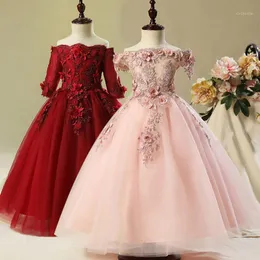 Flickans klänningar blomma flicka pärla dekoration lång klänning 2021 bröllopsfest utbyte boll skönhet sexig axel1