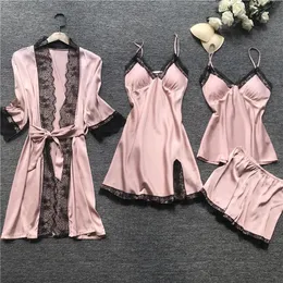 Sexy Womens Robe Lace Bathrobe Night Dress Four Sleepwear Sleep Set Faux Silk Femme Lingerie