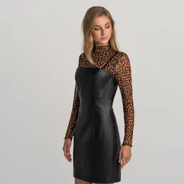 Femmes Vintage en Cuir A-Ligne Solide Robe Sans Bretelles Spaghetti Sangle élégant Décontracté Fête Mini Robe 2020 Été Nouvelle Robe de Mode