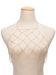 Kedjor Fashion Gold Color Net Grid Tassel Harness Nacklace Body Jewelry Sexig Bikini Belly Midje Metall Alloy Bra Jewelry1