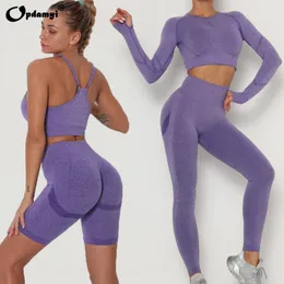 Yoga Outfits Seamless Set Sport Women 2 Piece Sets Tight Long Sleeve Crop Top+Leggings Workout Gym Shorts Suit Fitness Bra
