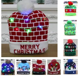 Chapéus de festa Natal LED acender chapéus de malha Pom Ball Beanies Xmas Ski Cap Santa Snowman Rena Chapéu de árvore para adultos crianças HH9-2463