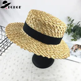 7 cm szeroki Brim Boater Cap wstążka Okrągły Płaski Pszenica Słomiane Kapelusze Sun Beach Hat Summer Kobiety Kentucky Derby Hat Sombreros Mujer Y200714