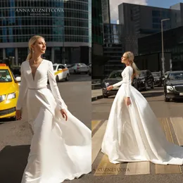 Kuznetcova Anna Satin Wedding Dresses With Beaded Sash V Neck Long Sleeve Reception Sweep Train Bridal Gowns