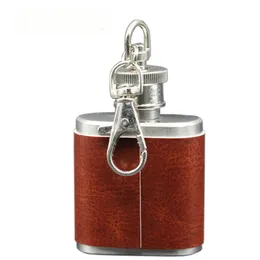 1oz mini frasco de aço inoxidável do quadril com o frasco de vinho portátil personalizado couro com chaveiro