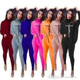 Women's Clothing Two Piece Pants Set 2022 Spring Designer High Neck Split Fork Batwing Sleeve Letter Printed Thread Suits