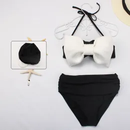 Koreanische neue sexy modische Frauen schwarz weiße Farbe Block 3d Big Bow Patchwork Split 2 Stücke unterdreien Bikini Dessinger Badebekleidung Anzug Smlxl