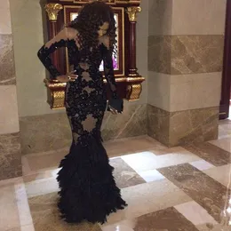 2022 Luksusowe Black Feather Prom Dresses z długimi rękawami Sheer Champange Arabskie Suknie Wieczorowe Real Tulle Syrenki Suknie Formalne Suknie Plus Size