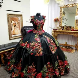 Vintage Schwarze Stickerei Quinceanera Kleider 2021 Mexikanisches Ballkleid Applikationen Spitze Abendkleid Korsett Vestidos De 15 Anos Formale Frauen Party