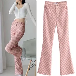 Nowa europejska moda europejska różowa była różowa kolorowa szachownica w kratę siatkę Slims Seksowną modną flary długie spodnie spodnie Smlxl