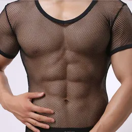 Casual solidna ciasna seksowna męska fitness super cienkie shapewear przezroczysta siatka Zobacz przez krótki rękaw koszulę topy trójniki podkoszulek
