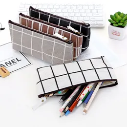 Canvas Geometric Pencil Case School Simple Striped grid Cute Kawaii Pencil Bag Pouch Office Students Kids Supplies