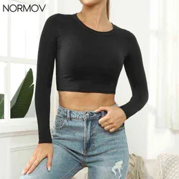 NORMOV Temel T Gömlek Kadın Sıska Katı Rahat Kırpma Üst T-Shirt Elastik Tüm Maç Moda Kısa Seksi Tee Gömlek G220228