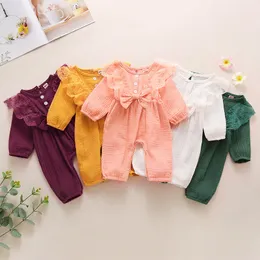 Kids clothes girls boys lace sleeve Bow romper newborn infant Cotton linen Solid color Jumpsuits Spring Autumn baby Climbing clothes M3018
