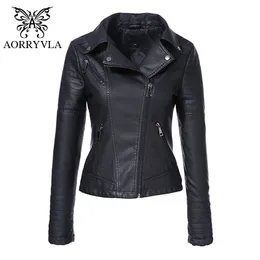 AORRYVLA Yeni Bahar Sonbahar kadın Moto Biker Fermuar Ceket Turn Down Yaka Siyah Pu Faux Deri Ceket Ince Lady Temel Coat 210201