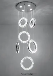 Lyx Modern LED Crystal Ceiling Candeliers Ringar Lång hängande lampa för Villa Spiral Trappa ljuskrona Light Fixture Luster