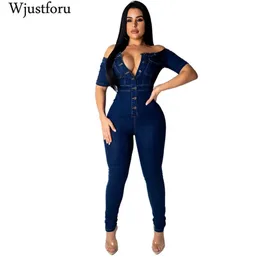 WJUSTFORU Seksi Skinny Denim Tulum Kadınlar Slash Boyun Moda Bodycon Kot Tulum Kadın Kısa Kollu Fermuar Zarif Bodysuit T200509