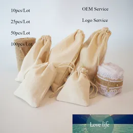 50PCS / Lot Drawstring Natural Canvas Bag 7x9 9x12 10x15 13x18 15x20 Jewlery Packing Pouch kan göra logotyp och anpassad