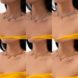 Iced Out Crystal Cherry Side Link Chain Necklace Pendent Hip Hop Choker Charm Bling Shiny Clavicle for Women Girls