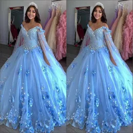 2021 Sky Blue Tulle Quinceanera Dresses With Handmade Flowers Off The Shoulder Long Juliet Sleeves Beaded Lace Applique Sweet 16 Party Gowns 403 403