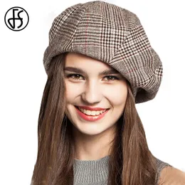 女性のためのFSフレンチアーティストのベレー帽の帽子女性の冬のファッション黒青茶色のチェック柄ウールの厚いベレーターのペインター八角形の帽子帽子Y200102