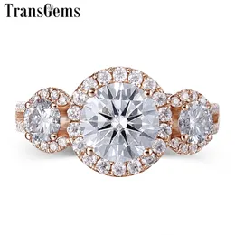 Transgems Halo Three Stone Engagement Ring 18K Rose Gold 3 Stone Type Halo Ring for Women Fine Jewelry Wedding Gift Y200620