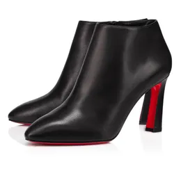Зимняя роскошная элеонор женщины лодыжки сапоги черный теленк Кожаный красное нижнее ботинок заостренные ноги на пятто-каблуке.