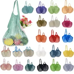 Mesh Bags Washable Reusable Cotton Grocery Net String Shopping Bag Eco Market Tote for Fruit Vegetable Portable short and long handles Organizer C628g02
