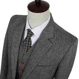 Retro Dżentelmen Styl Gray Classic Tweed Kartuarki Ślubne Dla Mężczyzn Custom Made Wool Slim Fit Blazer Mens 3 Piece Suit 201106