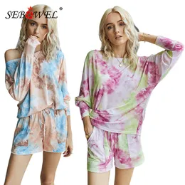 SEBOWEL Summer Women's Tie-dye Loose Sets Three Quarter Sleeve T-shirt + Drawstring Shorts Outfits Clothes Lady Home Loungewear T200707