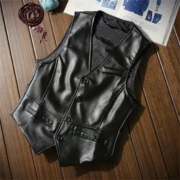 Men's Faux Leather Vest Fashion Single-breasted Slim V-neck Men's Leather Moto & Biker PU Vests Man Sleevele 201126