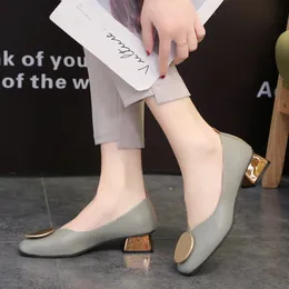 Plus Size 34-42 Women Dress Shoes Square Toe Medium Heels Pumps Gold Heels Shoes Woman Round Metal Boat shoes low Heels 7350