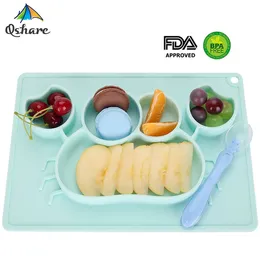 Qshare Baby Dishes Silicone Infant Plate Bowls Kids Tableware Food Holder Tray Children Food Container Placemat for Baby Feeding 210226