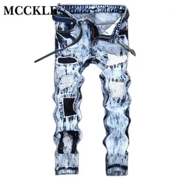 Men's Jeans Wholesale- MCCKLE Embroidery Light Blue Mens Fashion Pants Distressed Denim Motorcycle Streetwear Patch Man Jeans1