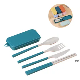 Wheat Straw Tableware Set Portable Folding Tablewares Cutlery Knife Fork Spoon Chopsticks Detachable With Storage Box 8 Colors RRF13036