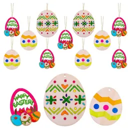 Easter Wooden Pendants Decorations Pendant 10Pcs DIY Carved Wooden Egg Hanging Pendants Ornaments Creative Wooden Craft Party Favors ZYY396b