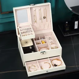 Pudełka do przechowywania Bin Przenośny Trzy Laytor Szuflady Box Jewellery Organizator PU Leather Case Pierścień Kolczyk Naszyjnik Ear Stud Display Matka Valentine Prezent ZL0381