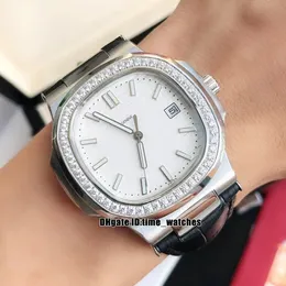 Nowy Diamond Bezel 40mm 5711/1 Zegarki sportowe Miyota 8215 Automatyczny Zegarek Mężczyzna Biały Textured Dial Czarny Skórzany Pasek Gentwatches
