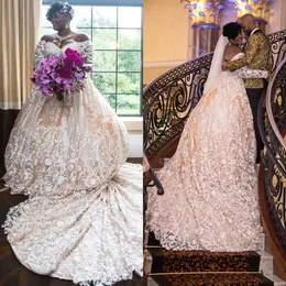 Artı Afrika Boyutu Gelinlik Uzun Kollu Dantel Aplike Robe Mariage Omuzdan El Yapımı Vintage Vestido de Novia